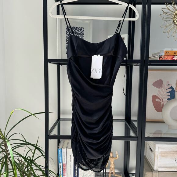 Zara Black Mesh Ruched Sleeveless Cinched Sides Mini Dress Women’s Size XS - Picture 4 of 11